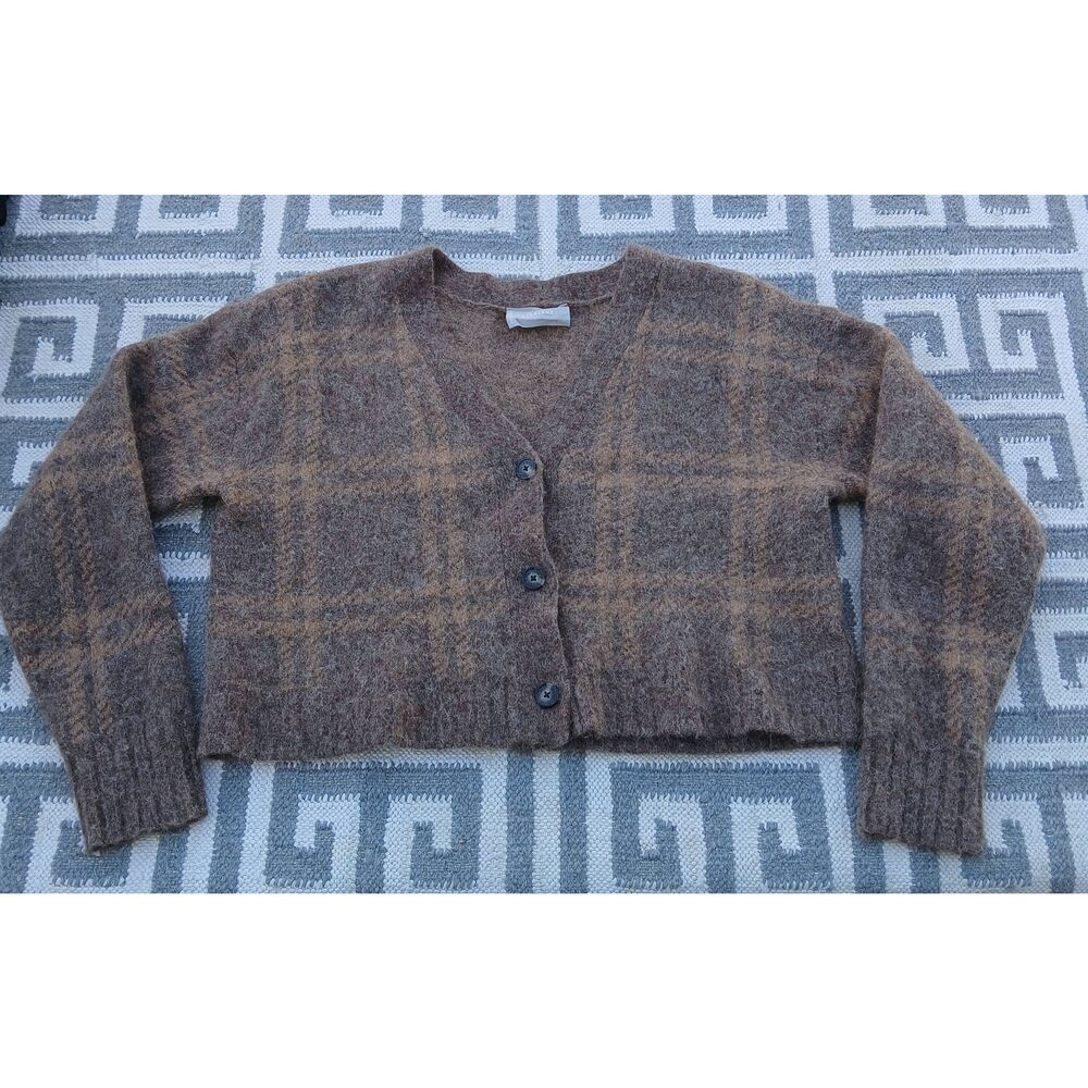 Everlane womens large brown alpaca sweater cardigan cropped plaid earthtone